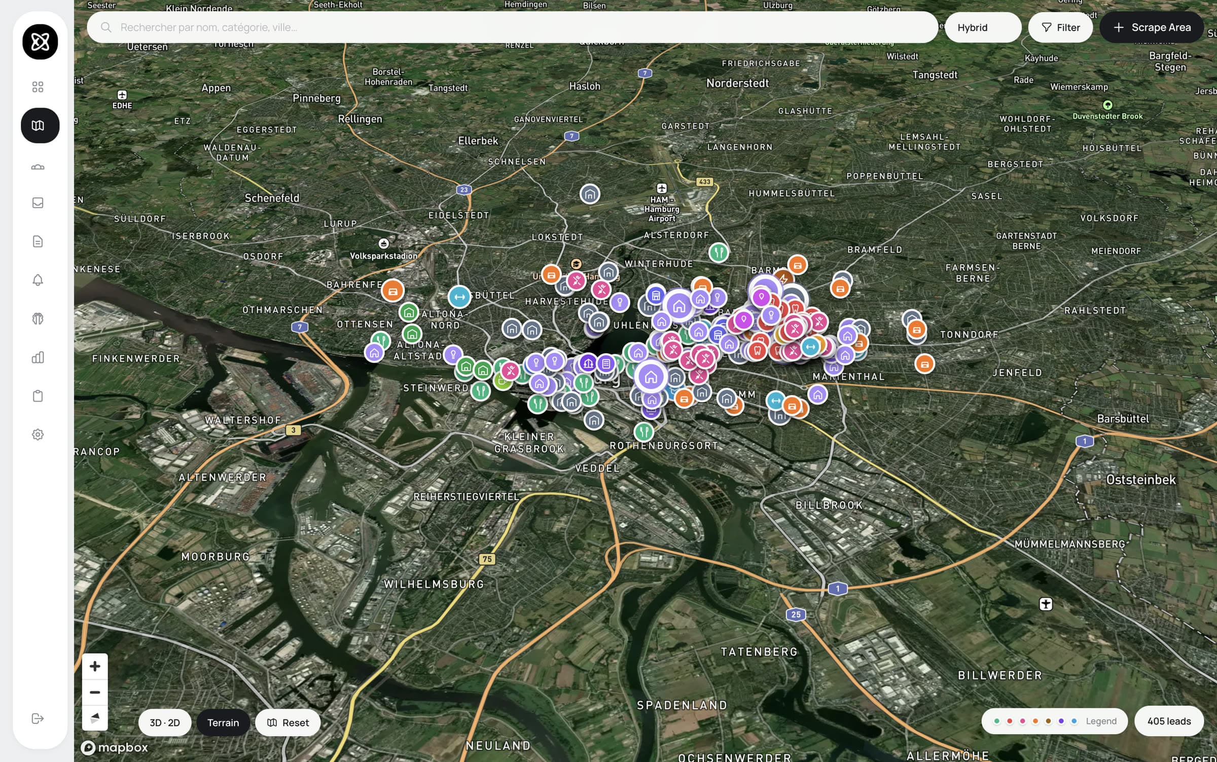 Map scraping — 405 leads dans le rayon de recherche, colorés par catégorie.